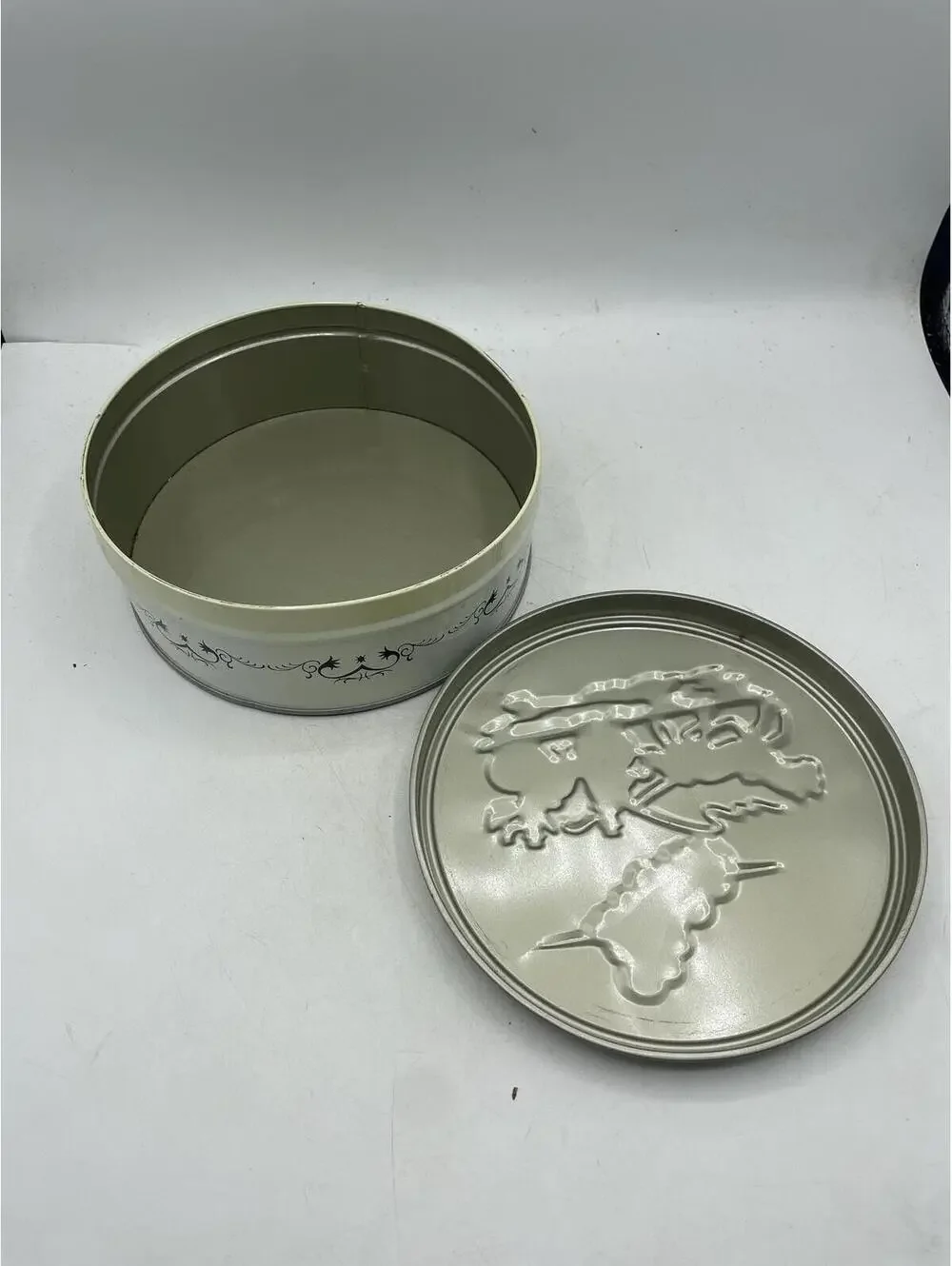 Vintage Shirley Jean Fruitcake Tin: Embossed Victorian Winter Scene